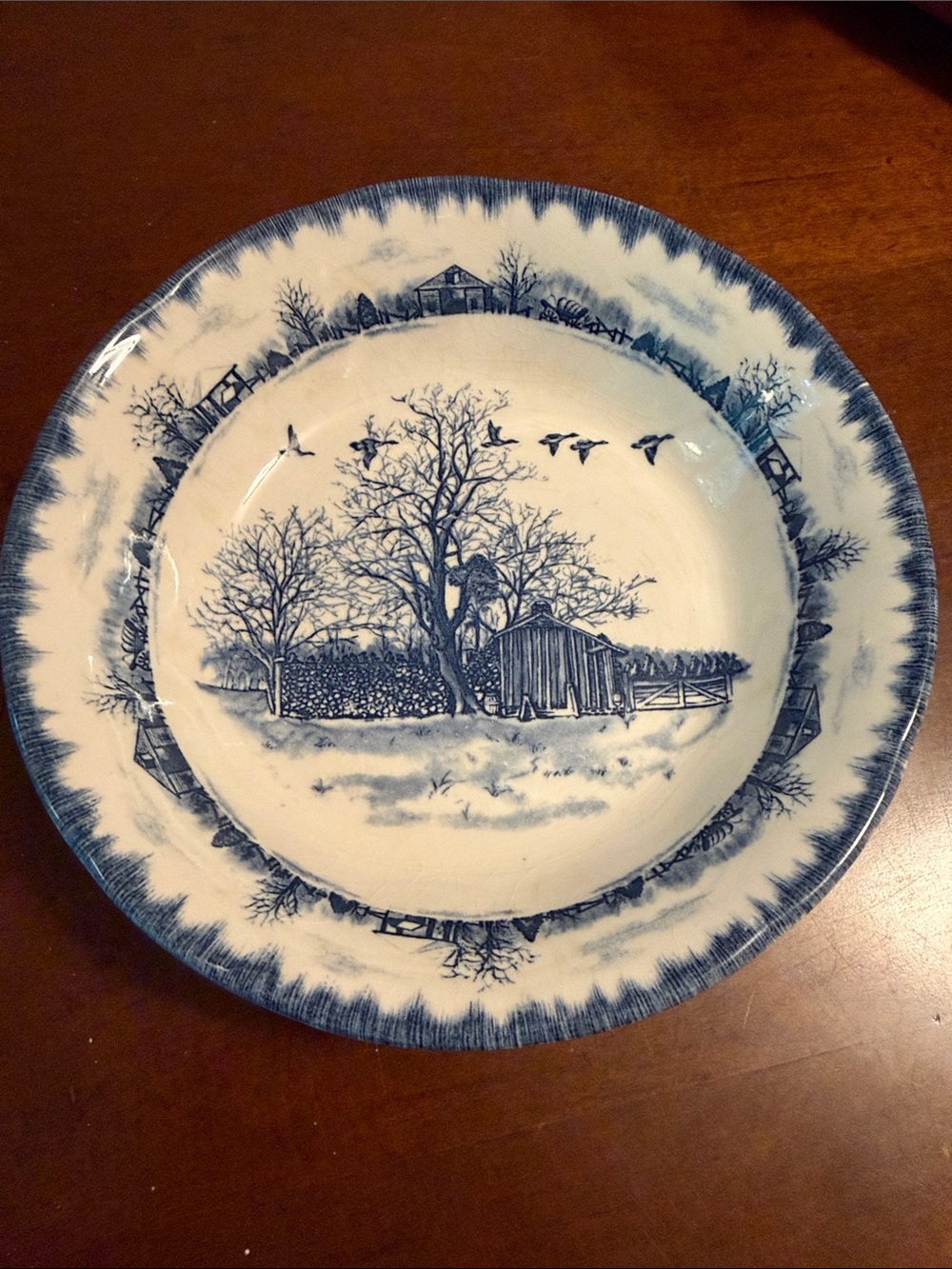 International Tableworks Blue Scenic Transferware Bowls Farmhouse Motif 3 qty